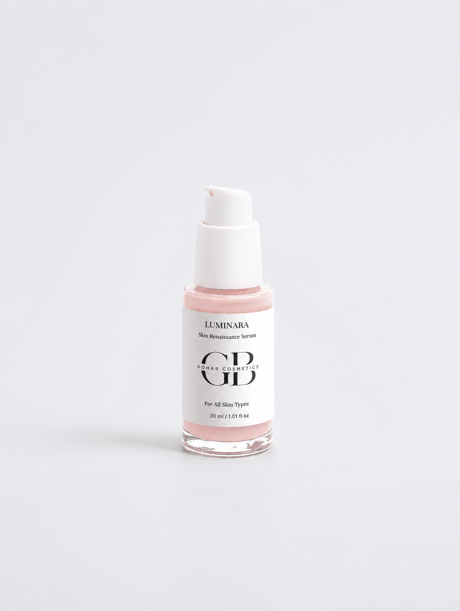 LUMINARA Skin Renaissance Serum in a clear glass bottle with white pump, pink liquid, minimalist label, on white background