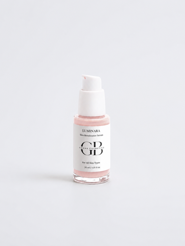 LUMINARA Skin Renaissance Serum in a clear glass bottle with white pump, pink liquid, minimalist label, on white background