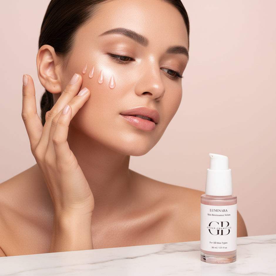 Close-up of a woman with clear, glowing skin applying a skincare serum with droplets on her cheek, featuring a white and pink bottle of LUMINARA Skin Renaissance Serum on marble surface
